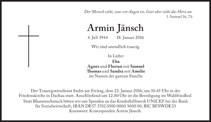  Traueranzeige für Armin Jänsch vom 20.01.2016 aus Süddeutsche Zeitung