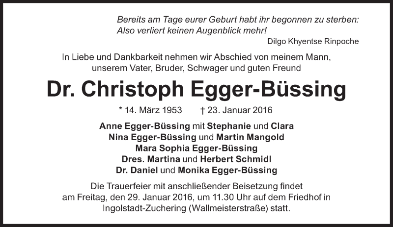  Traueranzeige für Christoph Egger-Büssing vom 27.01.2016 aus Süddeutsche Zeitung