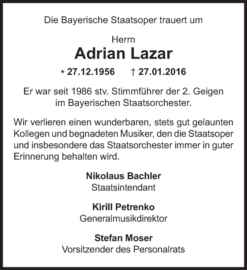  Traueranzeige für Adrian Lazar vom 30.01.2016 aus Süddeutsche Zeitung