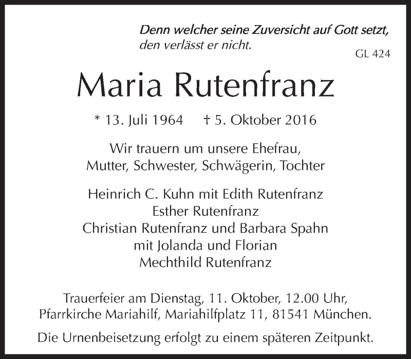  Traueranzeige für Maria Rutenfranz vom 08.10.2016 aus Süddeutsche Zeitung