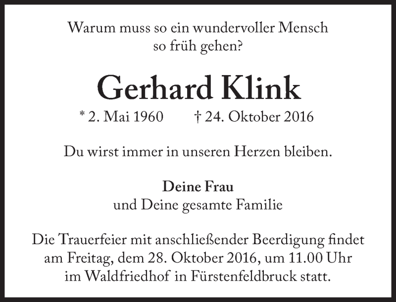  Traueranzeige für Gerhard Klink vom 27.10.2016 aus Süddeutsche Zeitung
