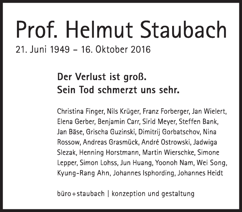  Traueranzeige für Helmut Staubach vom 22.10.2016 aus Süddeutsche Zeitung
