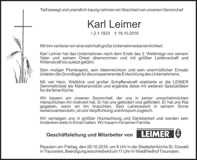  Traueranzeige für Karl Leimer vom 22.10.2016 aus Süddeutsche Zeitung