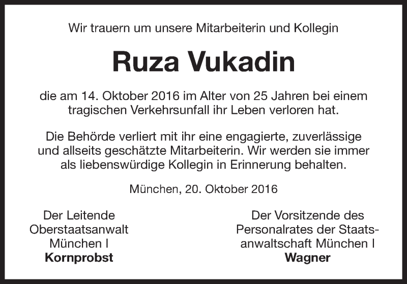  Traueranzeige für Ruza Vukadin vom 20.10.2016 aus Süddeutsche Zeitung