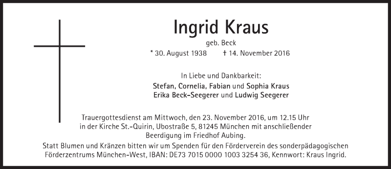  Traueranzeige für Ingrid Kraus vom 19.11.2016 aus Süddeutsche Zeitung