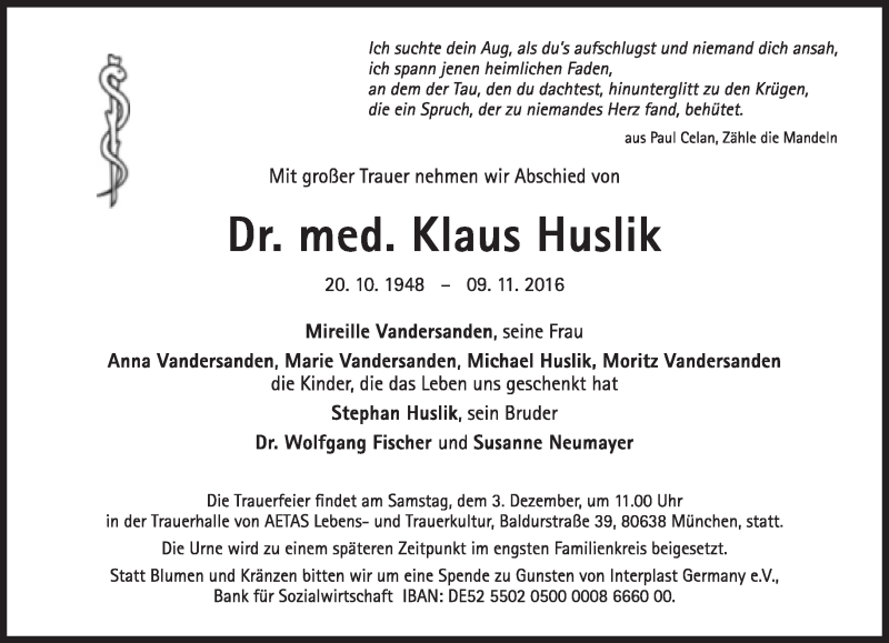  Traueranzeige für Klaus Huslik vom 26.11.2016 aus Süddeutsche Zeitung