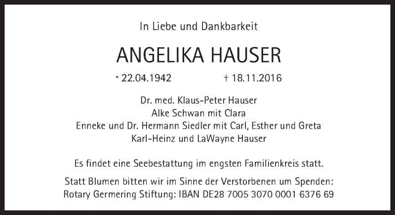 Traueranzeigen Von Angelika Hauser Sz Gedenken De