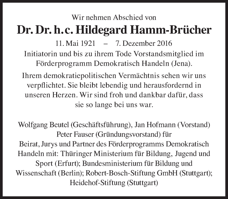  Traueranzeige für Hildegard Hamm-Brücher vom 13.12.2016 aus Süddeutsche Zeitung