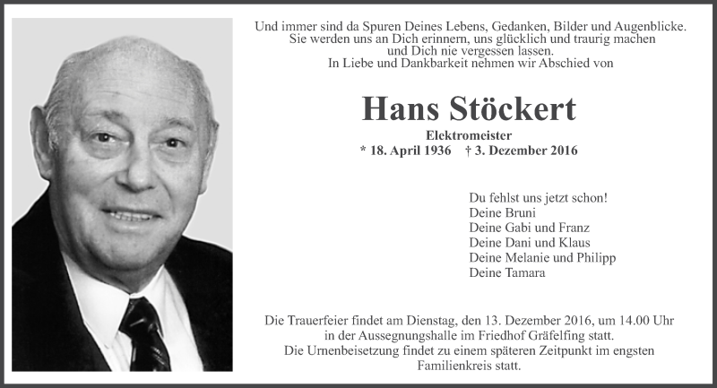  Traueranzeige für Hans Stöckert vom 10.12.2016 aus Süddeutsche Zeitung