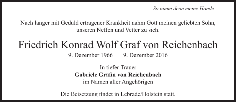  Traueranzeige für Friedrich Konrad Wolf Graf von Reichenbach vom 14.12.2016 aus Süddeutsche Zeitung