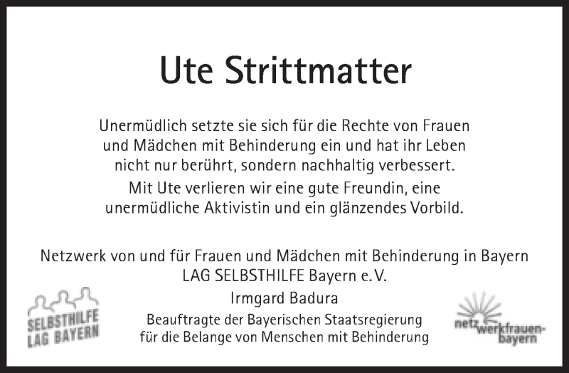  Traueranzeige für Ute Strittmatter vom 24.12.2016 aus Süddeutsche Zeitung