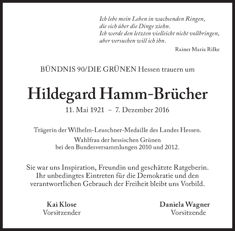  Traueranzeige für Hildegard Hamm-Brücher vom 14.12.2016 aus Süddeutsche Zeitung