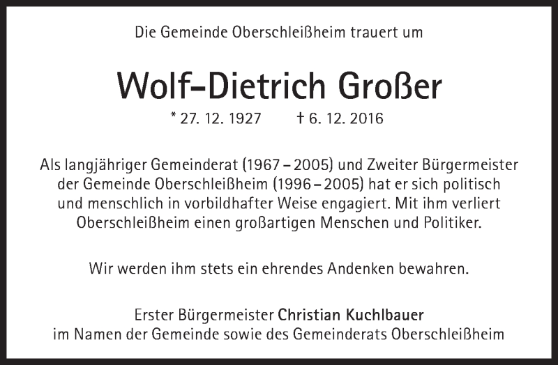  Traueranzeige für Wolf-Dietrich Großer vom 10.12.2016 aus Süddeutsche Zeitung