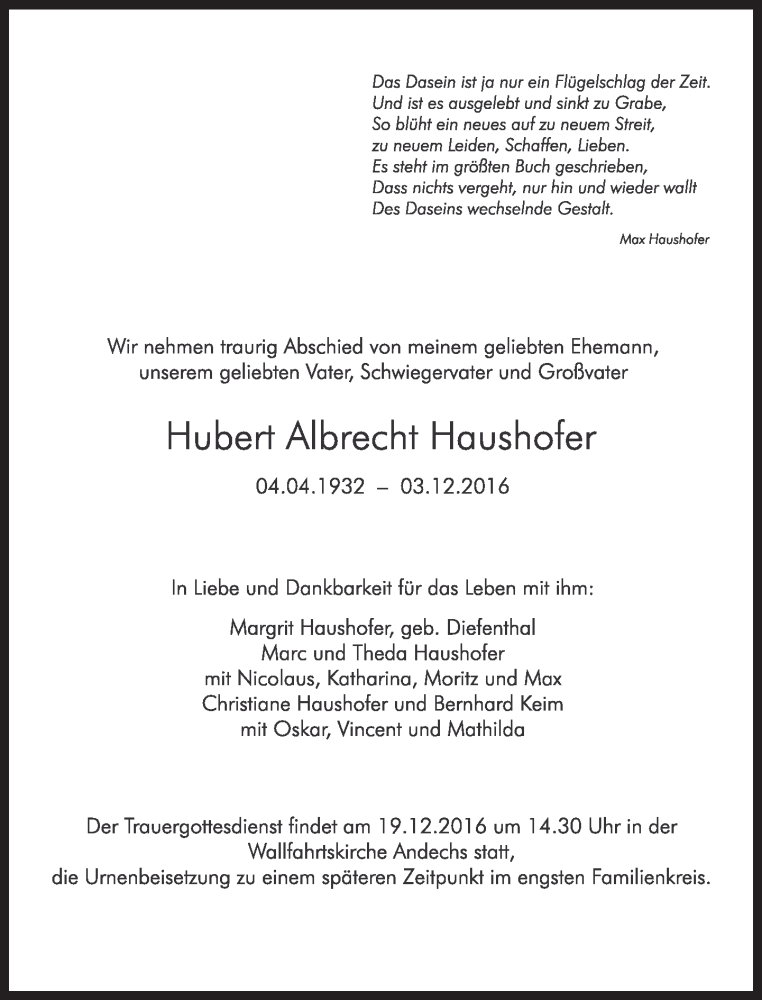  Traueranzeige für Hubert Albrecht Haushofer vom 10.12.2016 aus Süddeutsche Zeitung