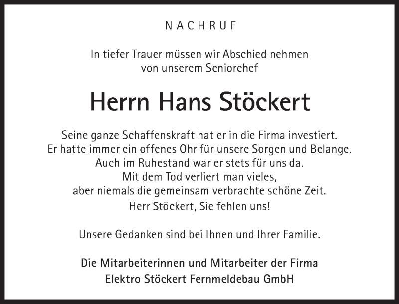  Traueranzeige für Hans Stöckert vom 10.12.2016 aus Süddeutsche Zeitung