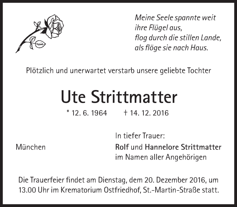  Traueranzeige für Ute Strittmatter vom 17.12.2016 aus Süddeutsche Zeitung