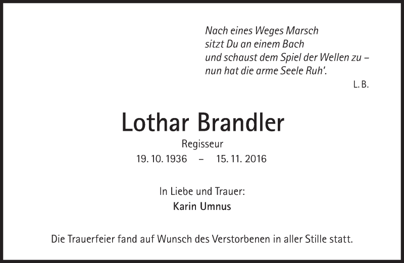  Traueranzeige für Lothar Brandler vom 03.12.2016 aus Süddeutsche Zeitung