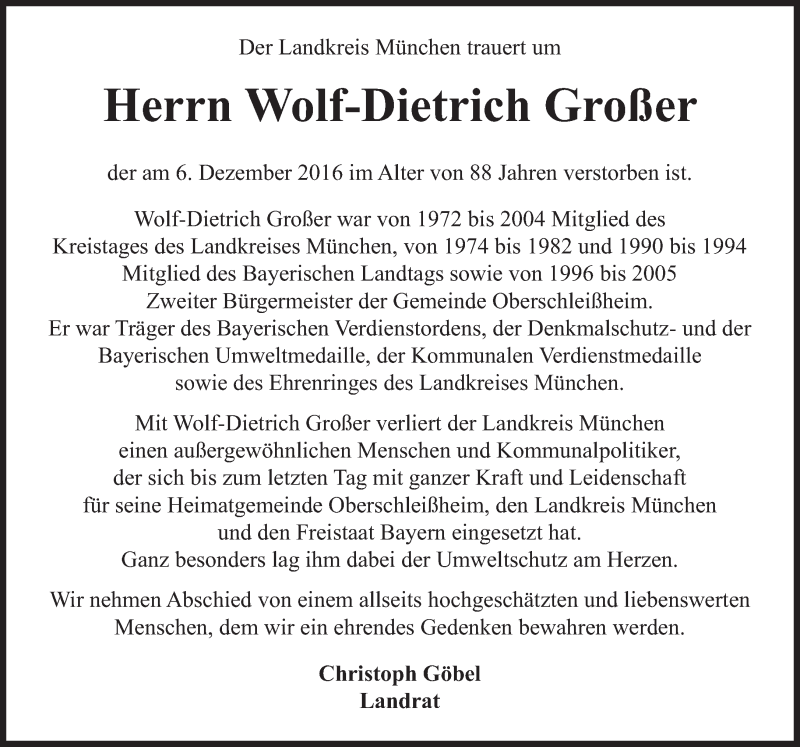  Traueranzeige für Wolf-Dietrich Großer vom 10.12.2016 aus Süddeutsche Zeitung