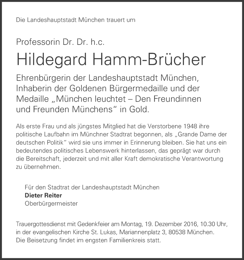 Traueranzeige für Hildegard Hamm-Brücher vom 12.12.2016 aus Süddeutsche Zeitung