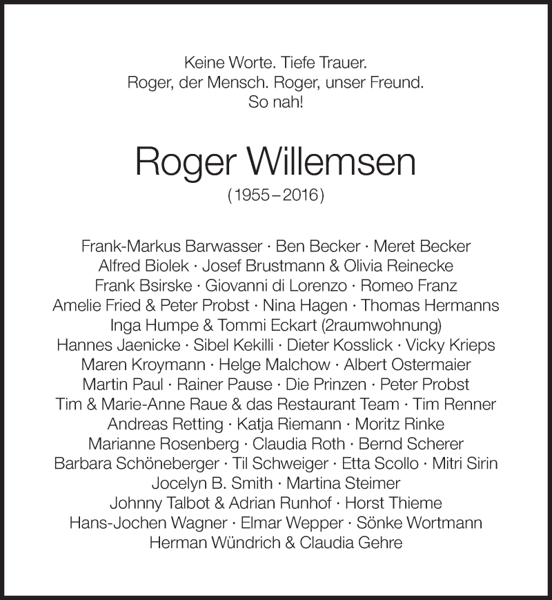  Traueranzeige für Roger Willemsen vom 13.02.2016 aus Süddeutsche Zeitung