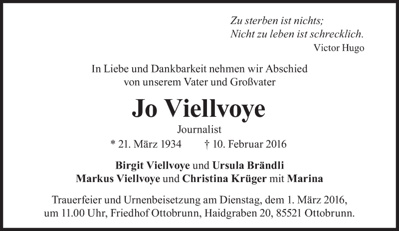  Traueranzeige für Jo Viellvoye vom 20.02.2016 aus Süddeutsche Zeitung