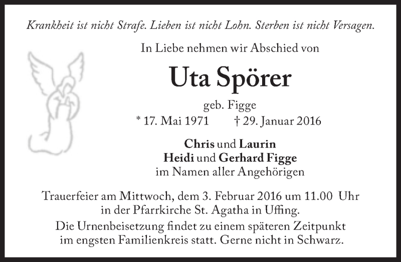  Traueranzeige für Uta Spörer vom 02.02.2016 aus Süddeutsche Zeitung