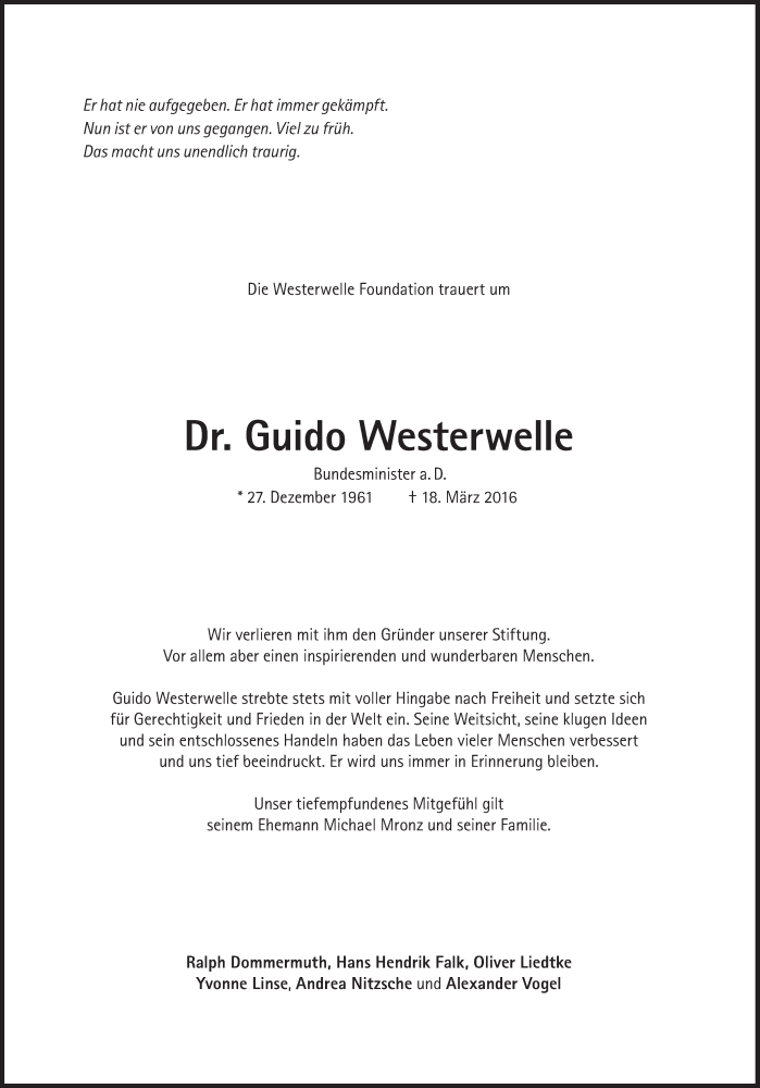  Traueranzeige für Guido Westerwelle vom 24.03.2016 aus Süddeutsche Zeitung