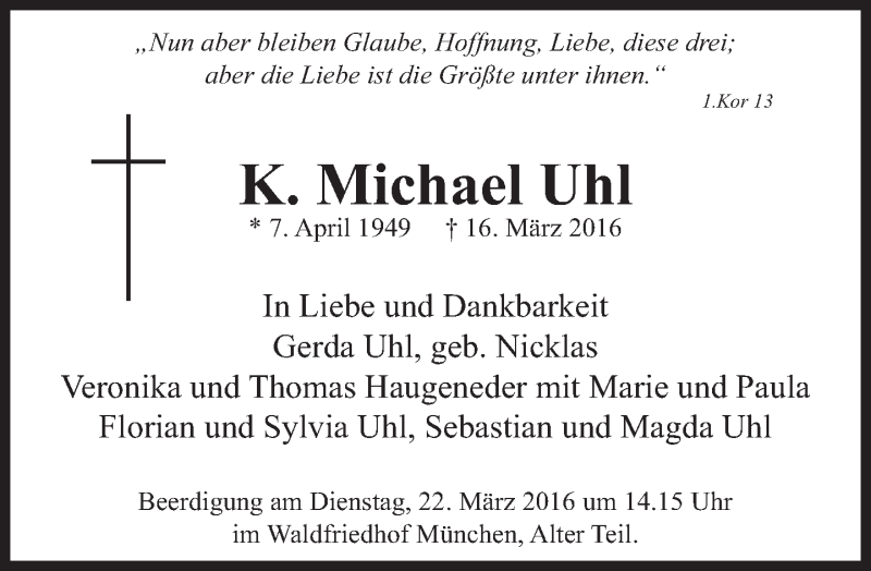  Traueranzeige für Michael Uhl vom 19.03.2016 aus Süddeutsche Zeitung