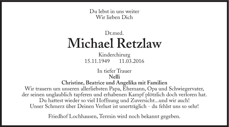  Traueranzeige für Michael Retzlaw vom 12.03.2016 aus Süddeutsche Zeitung