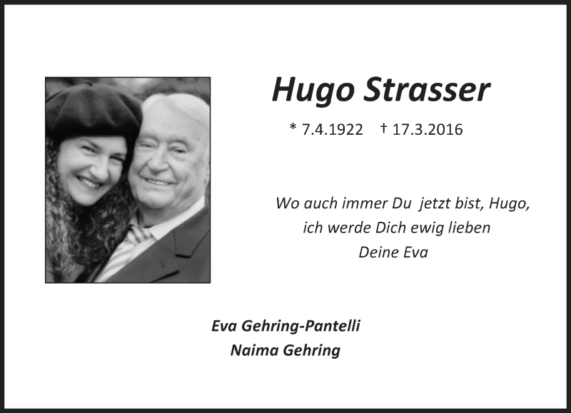  Traueranzeige für Hugo Strasser vom 19.03.2016 aus Süddeutsche Zeitung