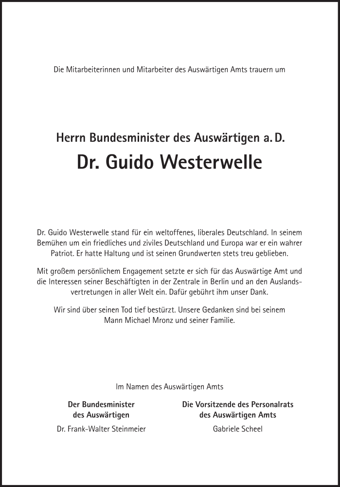  Traueranzeige für Guido Westerwelle vom 19.03.2016 aus Süddeutsche Zeitung