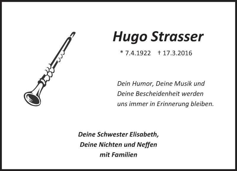  Traueranzeige für Hugo Strasser vom 19.03.2016 aus Süddeutsche Zeitung
