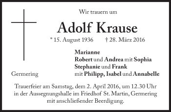 Traueranzeigen Von Adolf Krause SZ Gedenken De