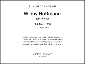 Traueranzeige von Winny Hoffmann von Süddeutsche Zeitung