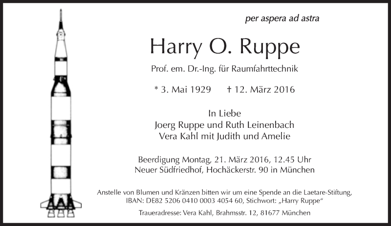  Traueranzeige für Harry O. Ruppe vom 17.03.2016 aus Süddeutsche Zeitung