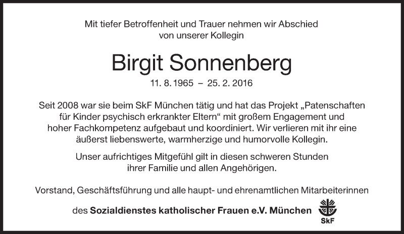  Traueranzeige für Birgit Sonnenberg vom 05.03.2016 aus Süddeutsche Zeitung