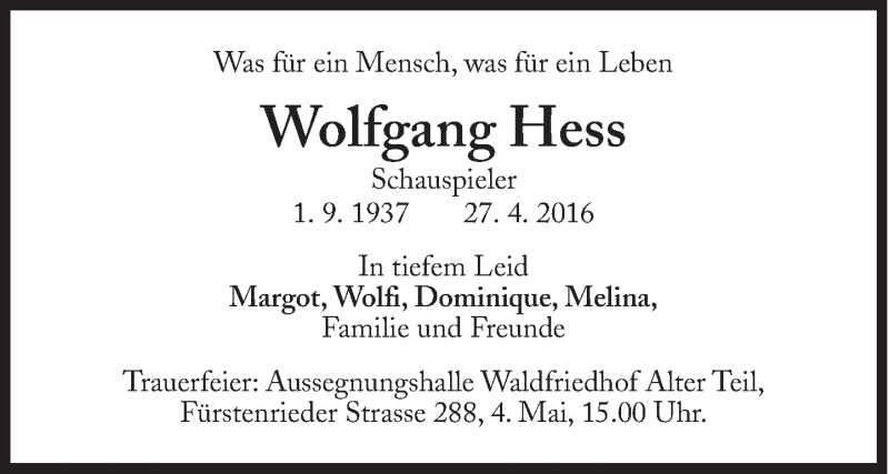  Traueranzeige für Wolfgang Hess vom 30.04.2016 aus Süddeutsche Zeitung