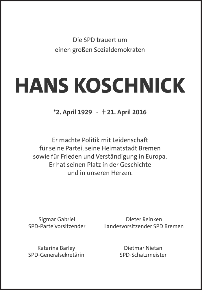  Traueranzeige für Hans Koschnick vom 23.04.2016 aus Süddeutsche Zeitung