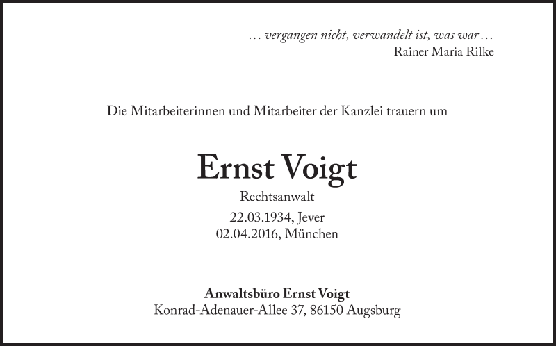  Traueranzeige für Ernst Voigt vom 05.04.2016 aus Süddeutsche Zeitung