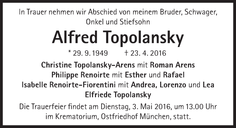  Traueranzeige für Alfred Topolansky vom 30.04.2016 aus Süddeutsche Zeitung