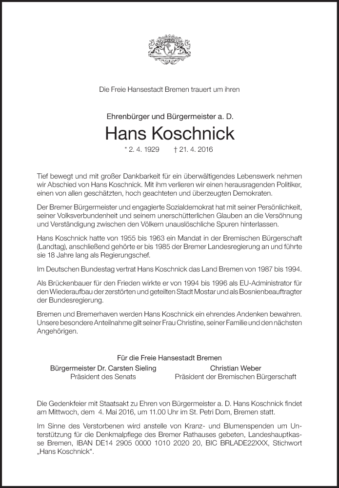  Traueranzeige für Hans Koschnick vom 23.04.2016 aus Süddeutsche Zeitung
