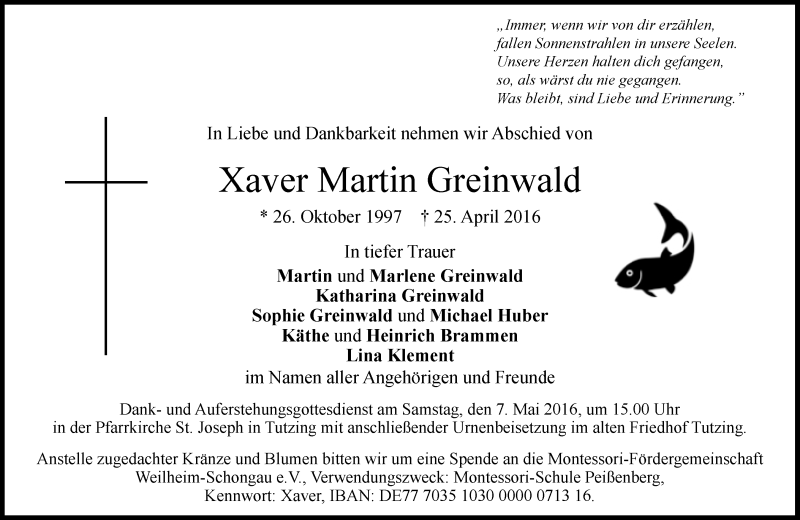  Traueranzeige für Xaver Martin Greinwald vom 30.04.2016 aus Süddeutsche Zeitung