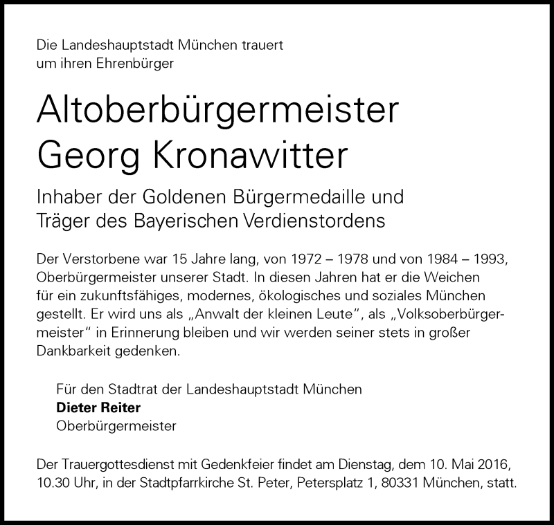  Traueranzeige für Georg Kronawitter vom 04.05.2016 aus Süddeutsche Zeitung