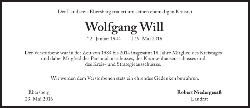  Traueranzeige für Wolfgang Will vom 24.05.2016 aus Süddeutsche Zeitung