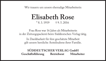 Traueranzeige von Elisabeth Rose von Süddeutsche Zeitung