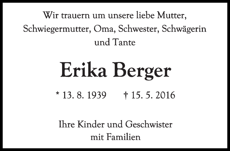  Traueranzeige für Erika Berger vom 28.05.2016 aus Süddeutsche Zeitung