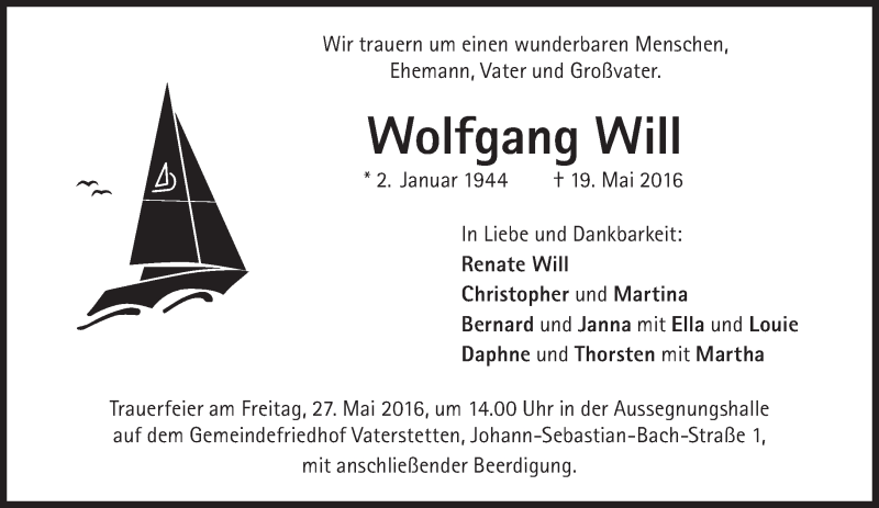  Traueranzeige für Wolfgang Will vom 21.05.2016 aus Süddeutsche Zeitung