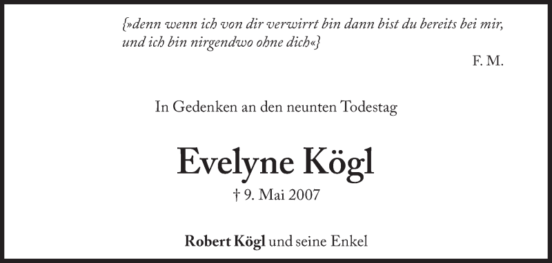  Traueranzeige für Evelyne Kögl vom 09.05.2016 aus Süddeutsche Zeitung