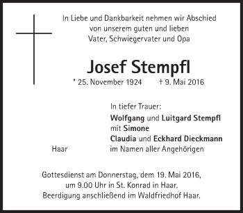 Traueranzeige von Josef Stempfl von Süddeutsche Zeitung