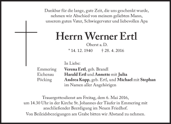 Traueranzeige von Werner Ertl von Süddeutsche Zeitung